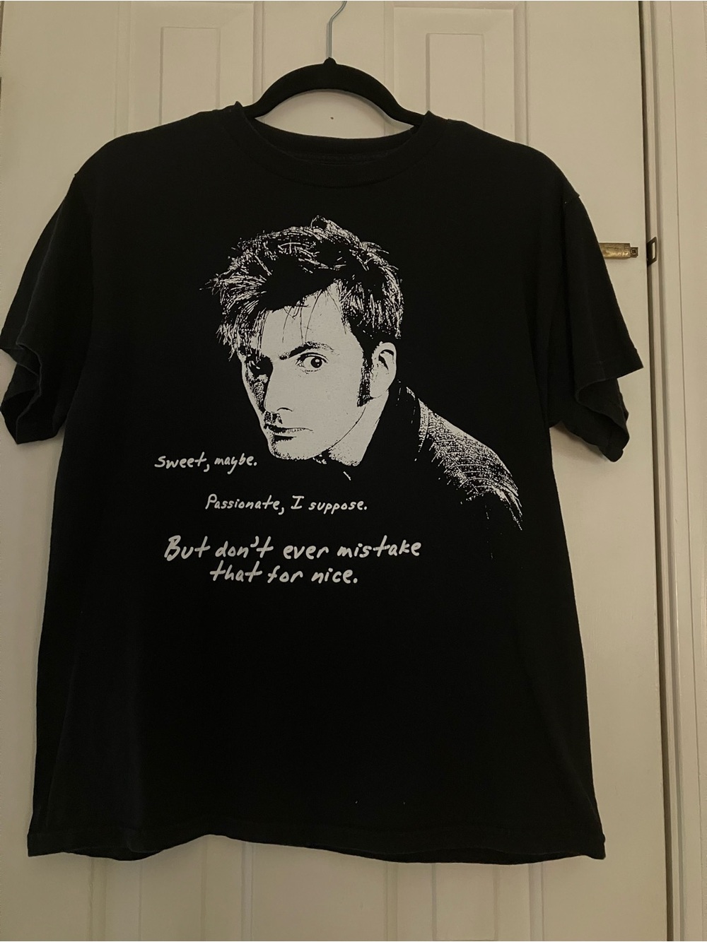 Dr Who Med. Black Short-Sleeve Graphic Tee with David Tennant Portrait Print
